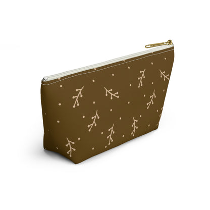 Big Bottom Zipper Pouch - Cream Berry Branches on Mustard Background