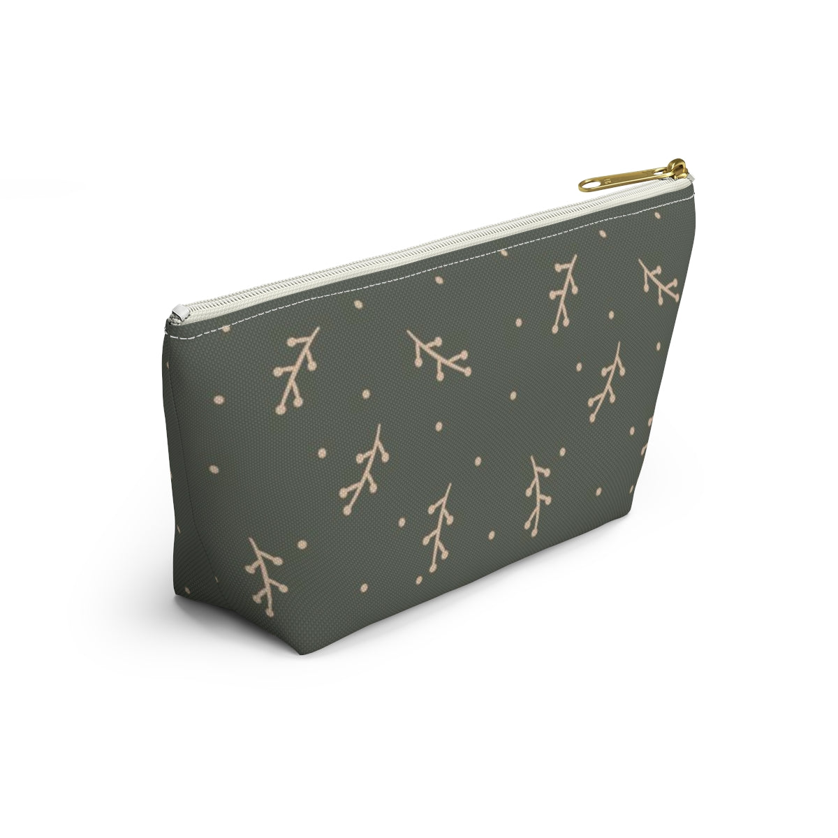 Big Bottom Zipper Pouch - Cream Berry Branches on Olive Background