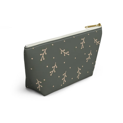 Big Bottom Zipper Pouch - Cream Berry Branches on Olive Background