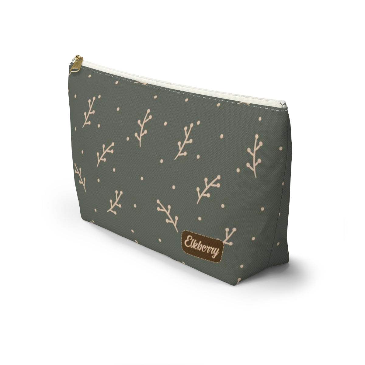 Big Bottom Zipper Pouch - Cream Berry Branches on Olive Background