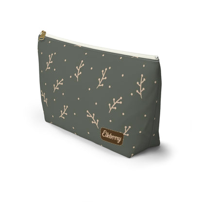 Big Bottom Zipper Pouch - Cream Berry Branches on Olive Background
