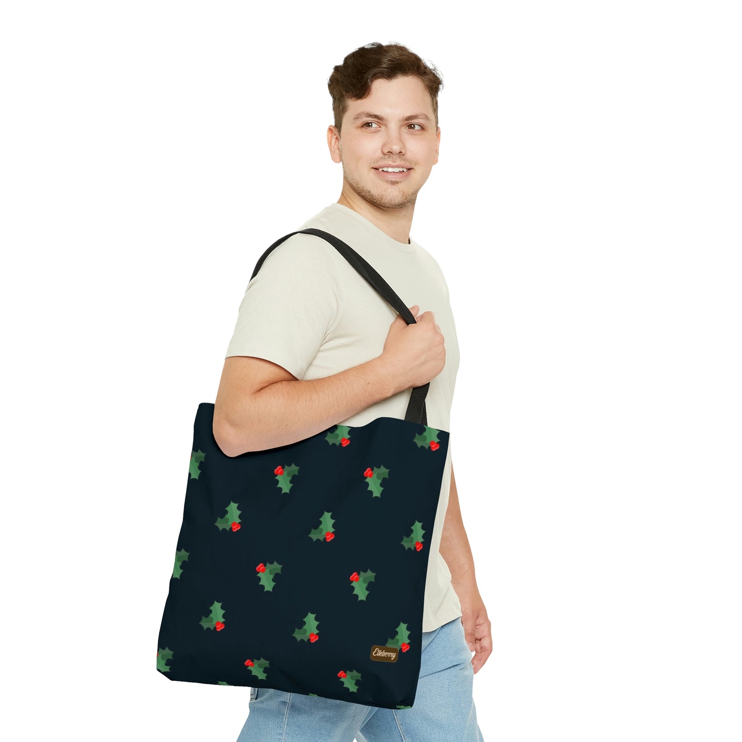 Lightweight Tote Bag - Holly Berries & Leaves on Navy