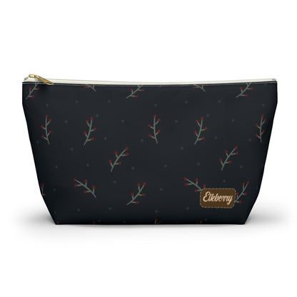 Big Bottom Zipper Pouch - Berry Branches on Navy Background