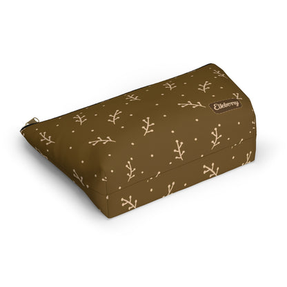 Big Bottom Zipper Pouch - Cream Berry Branches on Mustard Background