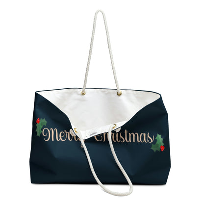 Weekender Tote Bag - Merry Christmas with Holly on Navy