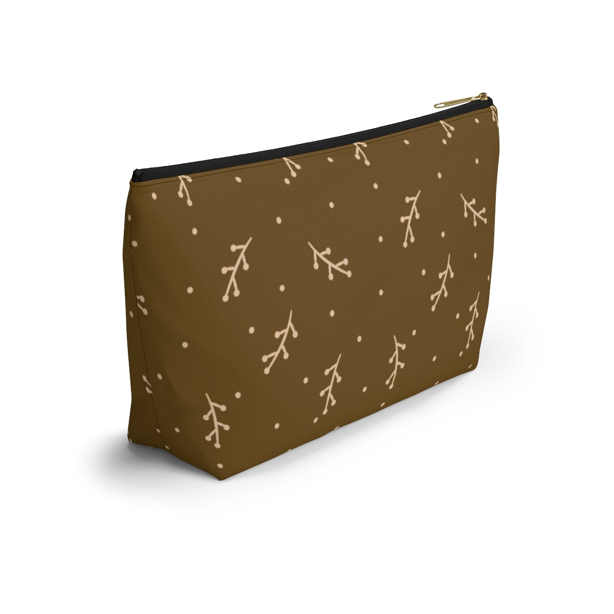 Big Bottom Zipper Pouch - Cream Berry Branches on Mustard Background