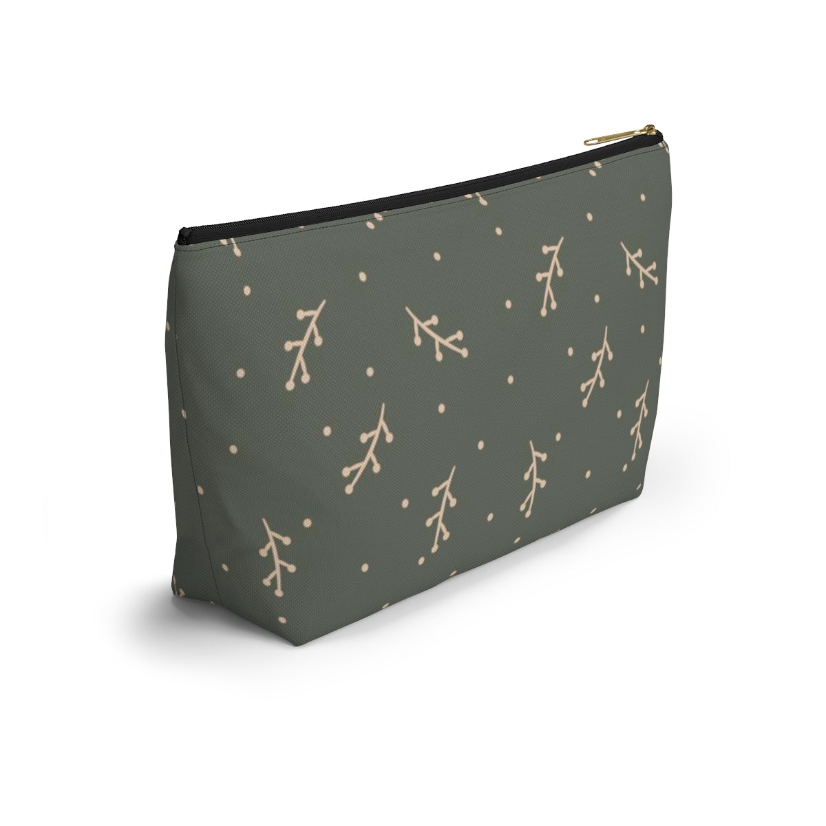 Big Bottom Zipper Pouch - Cream Berry Branches on Olive Background
