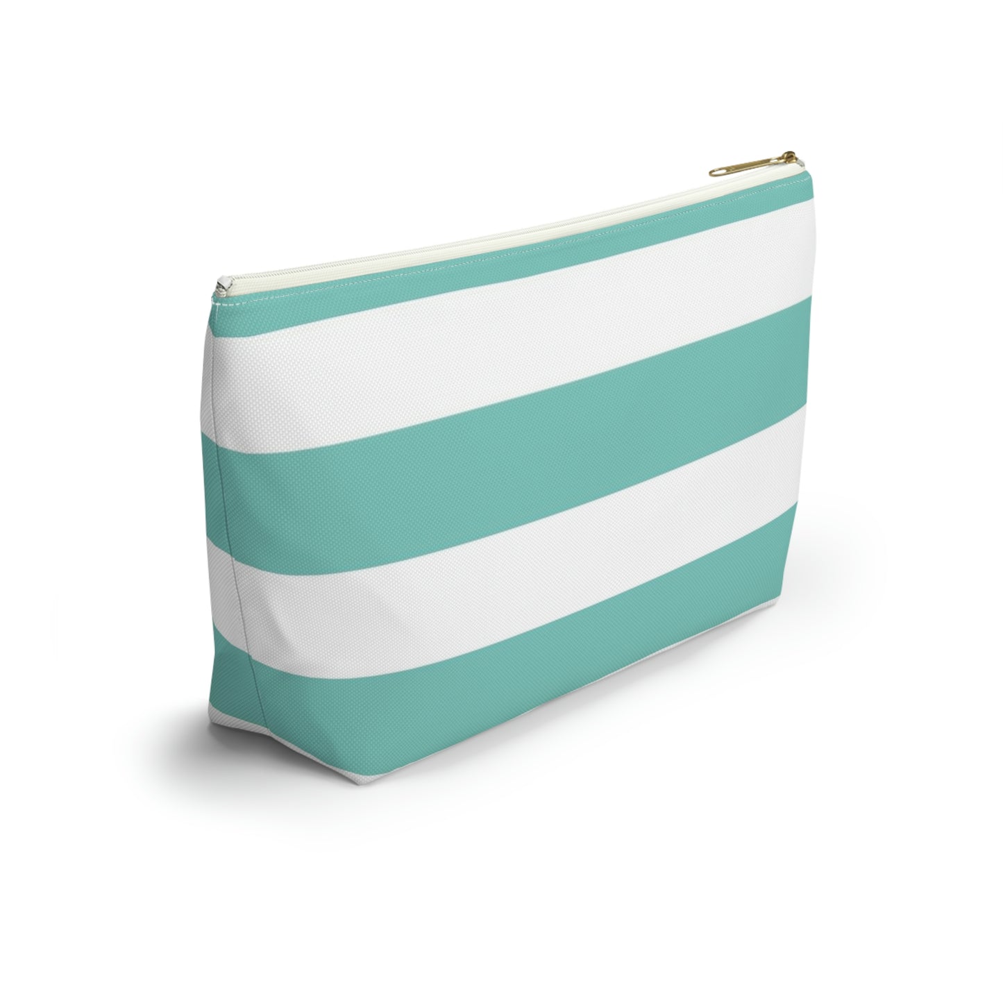 Big Bottom Zipper Pouch - Aqua/White Stripes