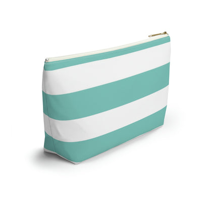 Big Bottom Zipper Pouch - Aqua/White Stripes