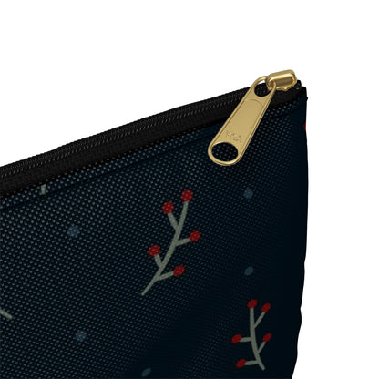 Flat Zipper Pouch - Berry Branches on Navy Background