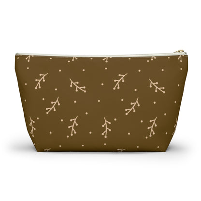 Big Bottom Zipper Pouch - Cream Berry Branches on Mustard Background
