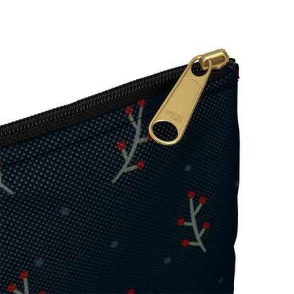 Flat Zipper Pouch - Berry Branches on Navy Background