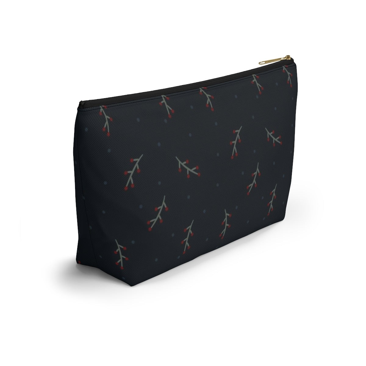 Big Bottom Zipper Pouch - Berry Branches on Navy Background