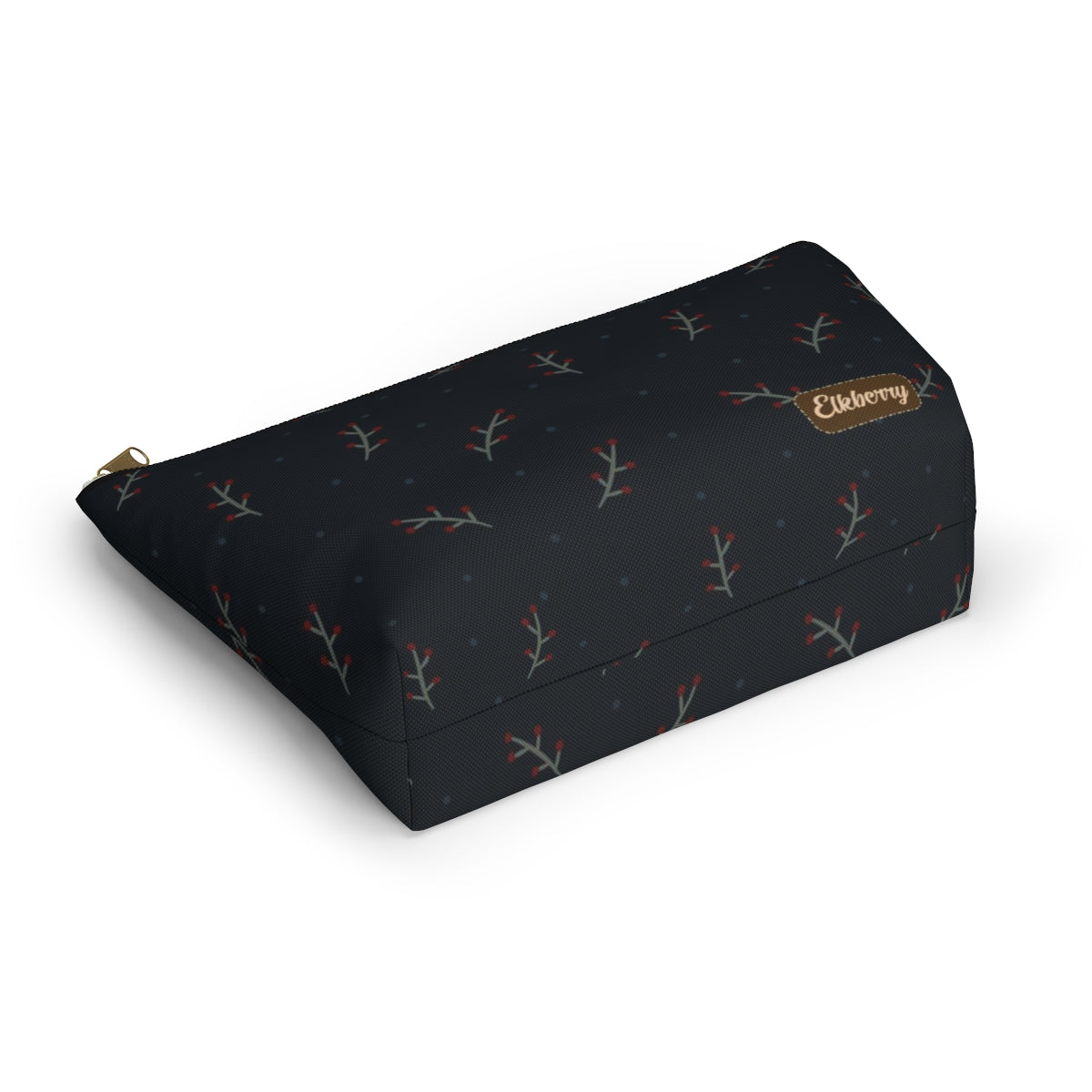 Big Bottom Zipper Pouch - Berry Branches on Navy Background