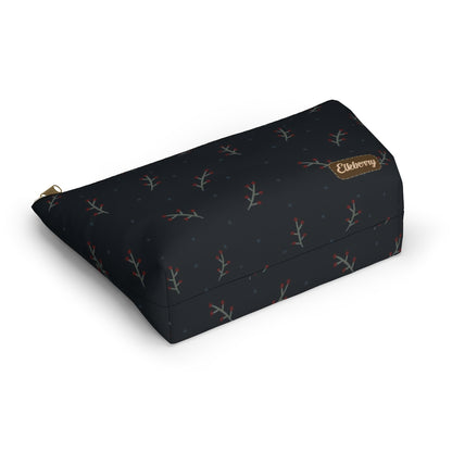 Big Bottom Zipper Pouch - Berry Branches on Navy Background