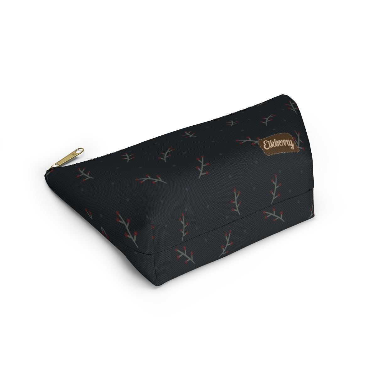 Big Bottom Zipper Pouch - Berry Branches on Navy Background