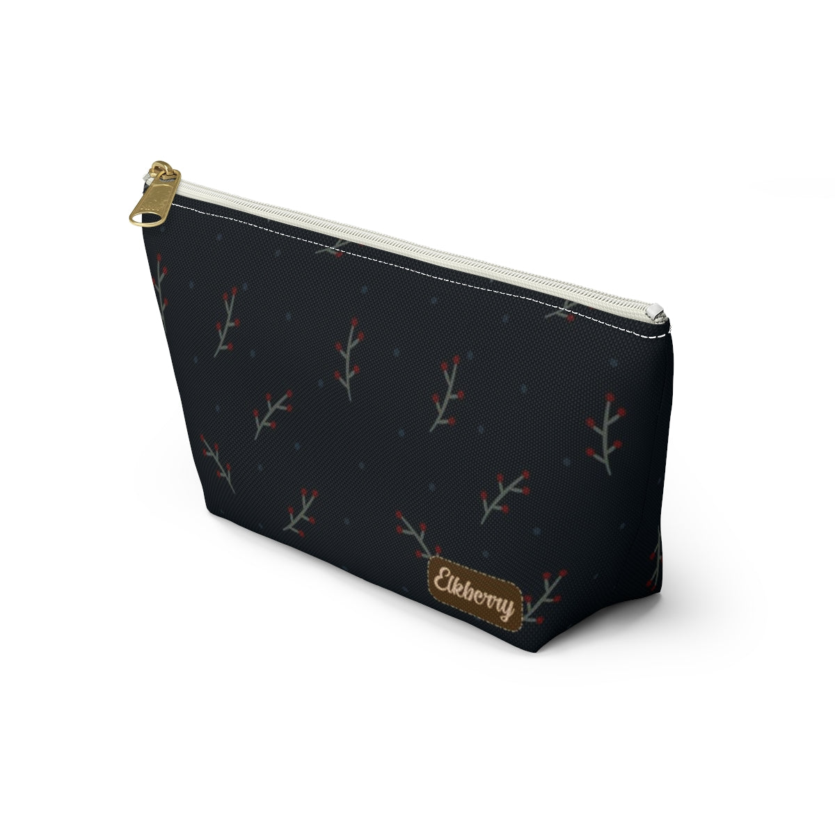 Big Bottom Zipper Pouch - Berry Branches on Navy Background