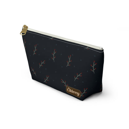 Big Bottom Zipper Pouch - Berry Branches on Navy Background