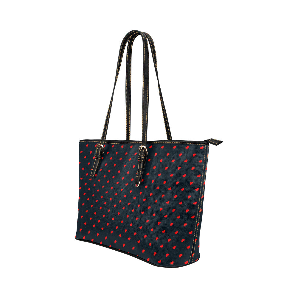 Red Hearts on Navy Vegan Leather Zipper Tote Handbag (Large)