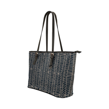 Herringbone - Navy Vegan Leather Zipper Tote Handbag (Large)