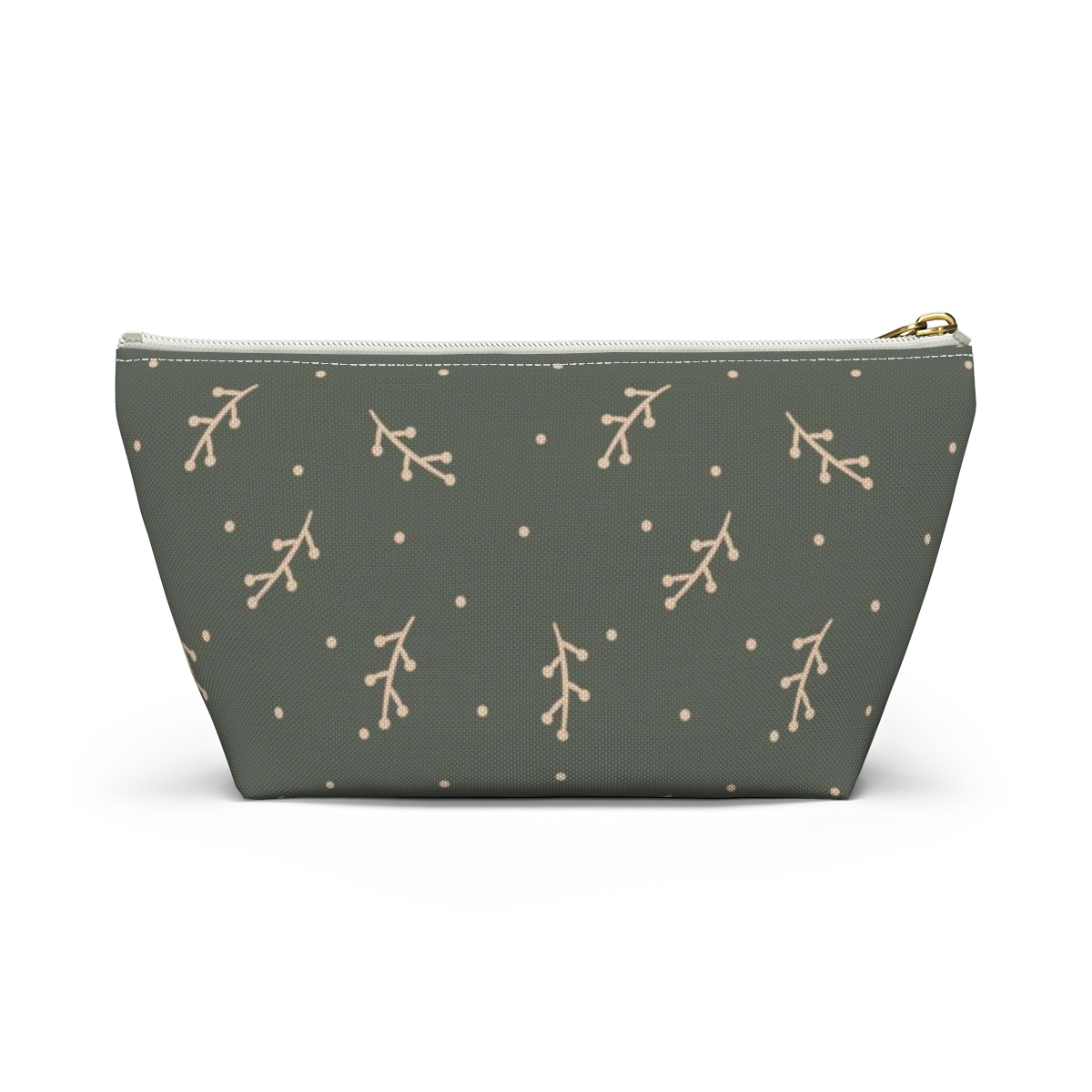 Big Bottom Zipper Pouch - Cream Berry Branches on Olive Background