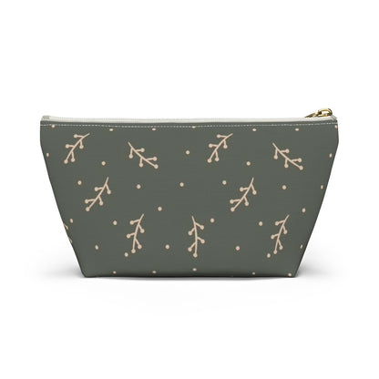Big Bottom Zipper Pouch - Cream Berry Branches on Olive Background