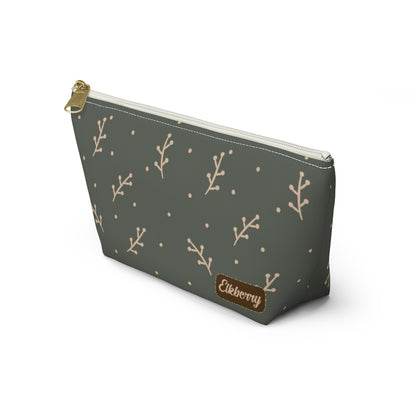 Big Bottom Zipper Pouch - Cream Berry Branches on Olive Background