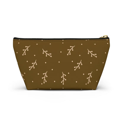 Big Bottom Zipper Pouch - Cream Berry Branches on Mustard Background