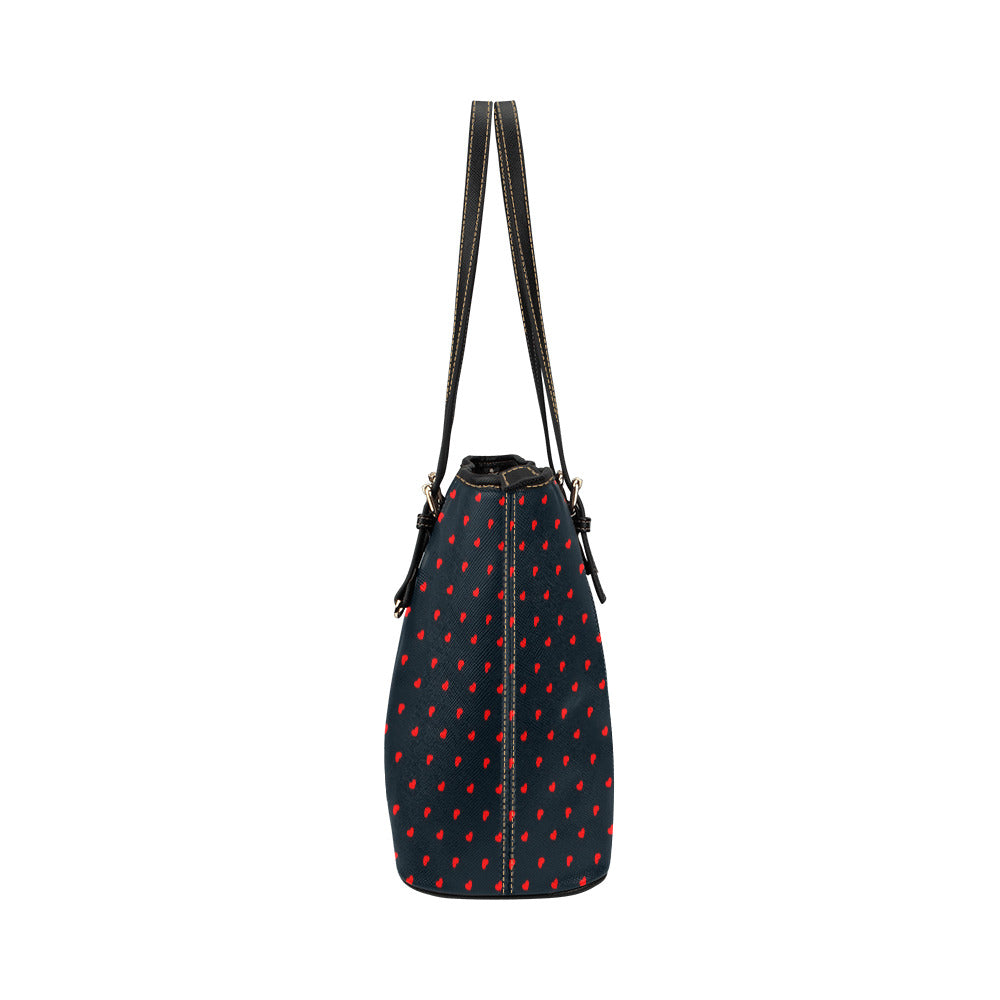 Red Hearts on Navy Vegan Leather Zipper Tote Handbag (Large)