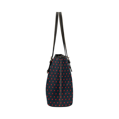 Red Hearts on Navy Vegan Leather Zipper Tote Handbag (Large)
