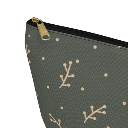 Big Bottom Zipper Pouch - Cream Berry Branches on Olive Background