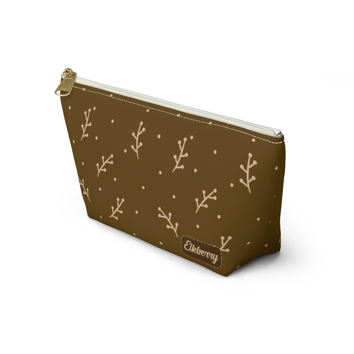 Big Bottom Zipper Pouch - Cream Berry Branches on Mustard Background