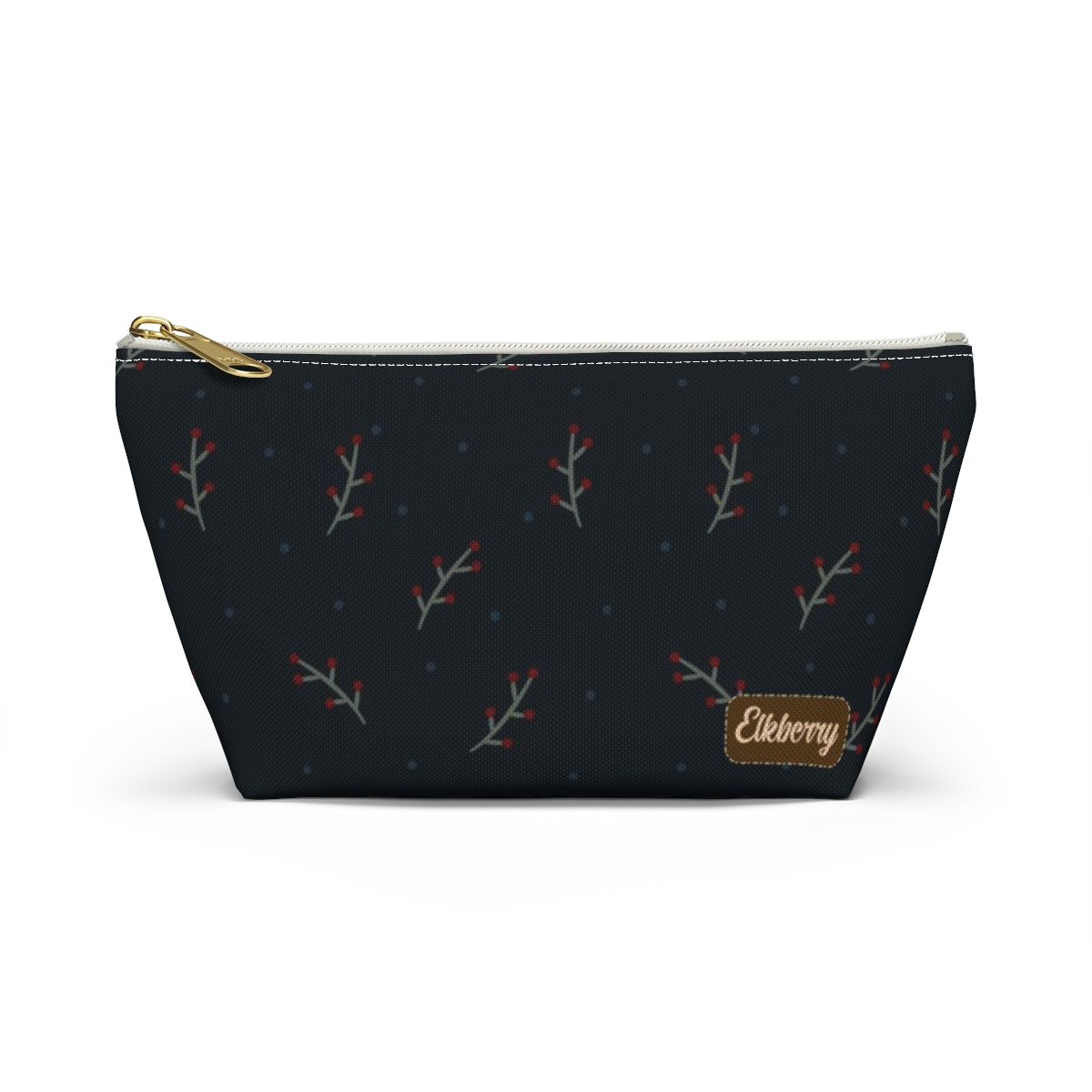 Big Bottom Zipper Pouch - Berry Branches on Navy Background