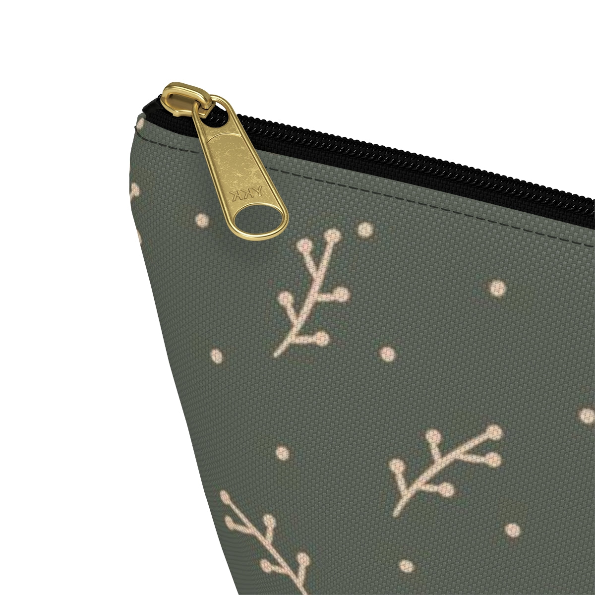 Big Bottom Zipper Pouch - Cream Berry Branches on Olive Background