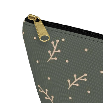 Big Bottom Zipper Pouch - Cream Berry Branches on Olive Background