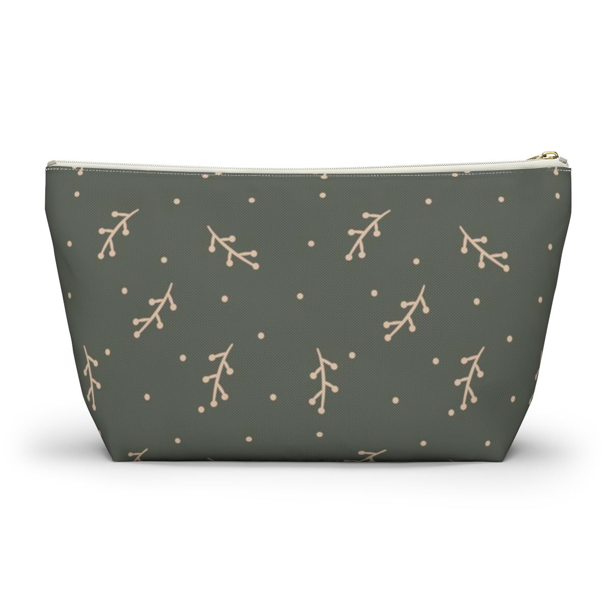 Big Bottom Zipper Pouch - Cream Berry Branches on Olive Background