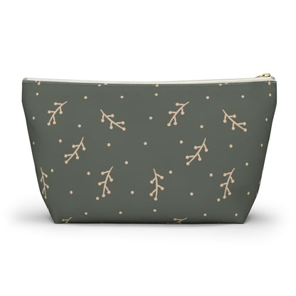 Big Bottom Zipper Pouch - Cream Berry Branches on Olive Background
