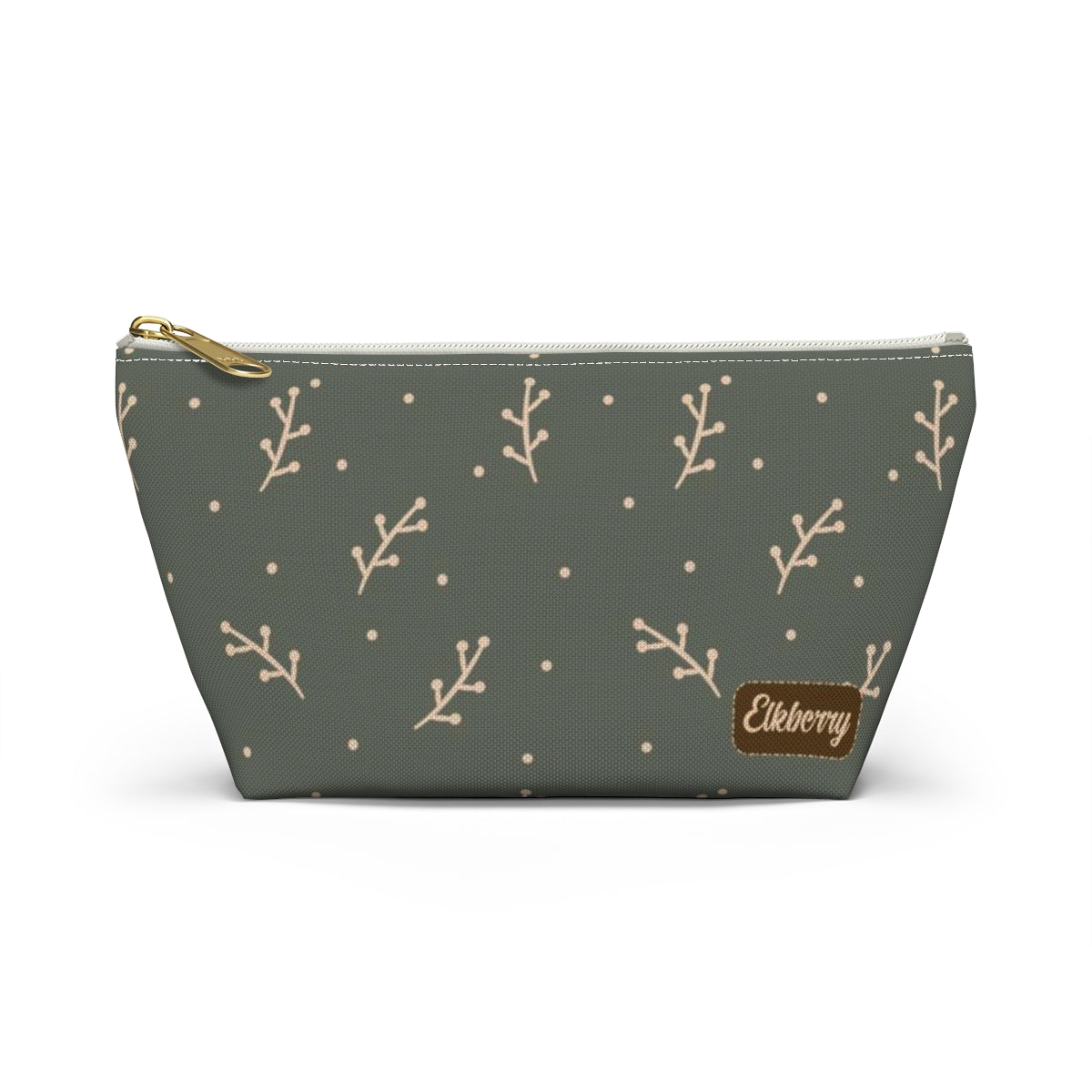 Big Bottom Zipper Pouch - Cream Berry Branches on Olive Background