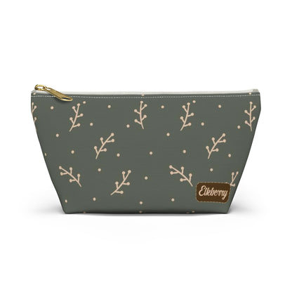 Big Bottom Zipper Pouch - Cream Berry Branches on Olive Background