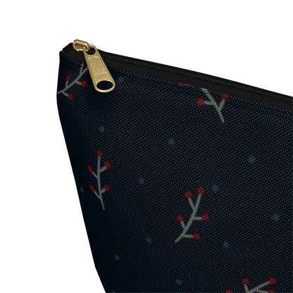 Big Bottom Zipper Pouch - Berry Branches on Navy Background