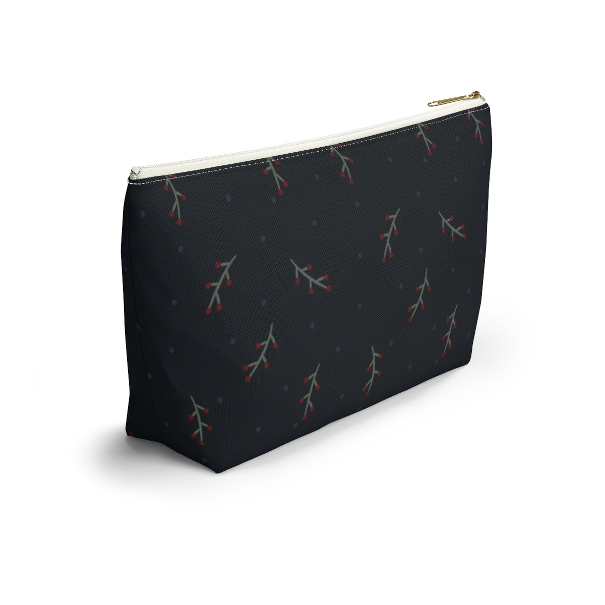 Big Bottom Zipper Pouch - Berry Branches on Navy Background