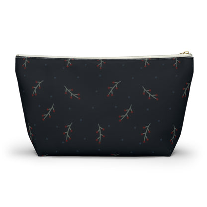 Big Bottom Zipper Pouch - Berry Branches on Navy Background