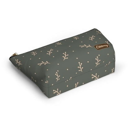 Big Bottom Zipper Pouch - Cream Berry Branches on Olive Background