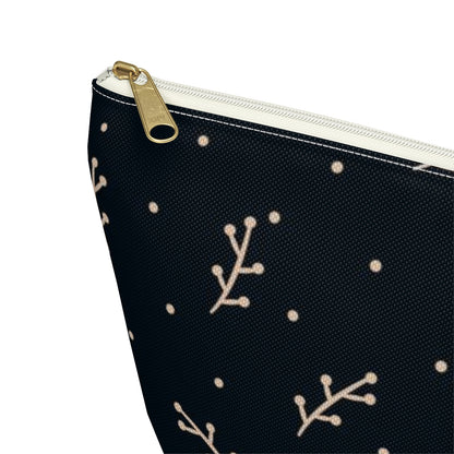Big Bottom Zipper Pouch - Cream Berry Branches on Navy Background