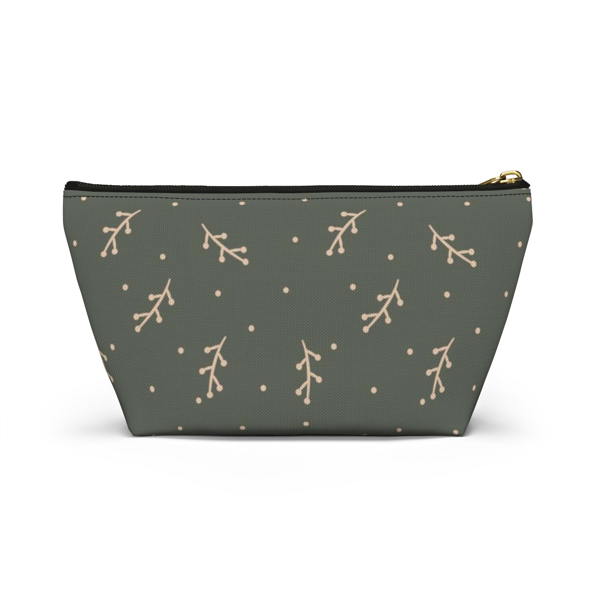 Big Bottom Zipper Pouch - Cream Berry Branches on Olive Background