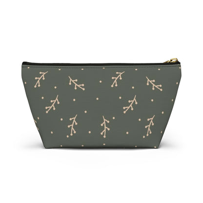 Big Bottom Zipper Pouch - Cream Berry Branches on Olive Background