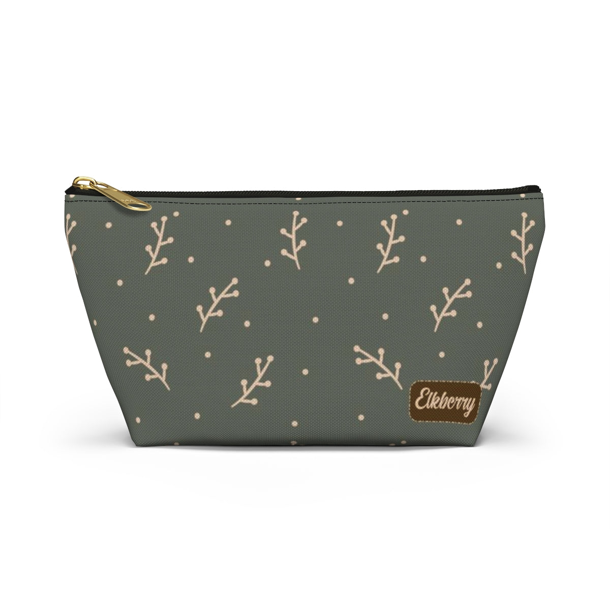 Big Bottom Zipper Pouch - Cream Berry Branches on Olive Background