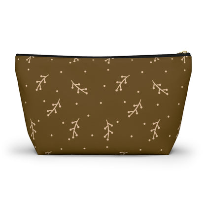 Big Bottom Zipper Pouch - Cream Berry Branches on Mustard Background