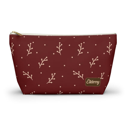 Big Bottom Zipper Pouch - Cream Berry Branches on Berry Background