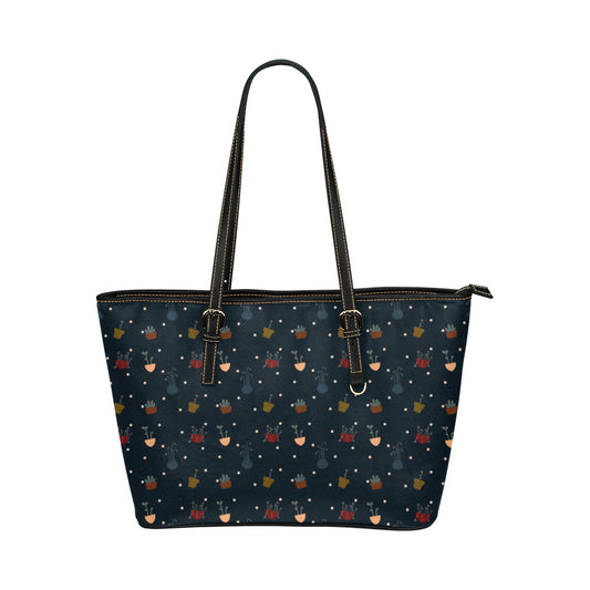 Potted Plants - Navy Vegan Leather Zipper Tote Handbag (Large)